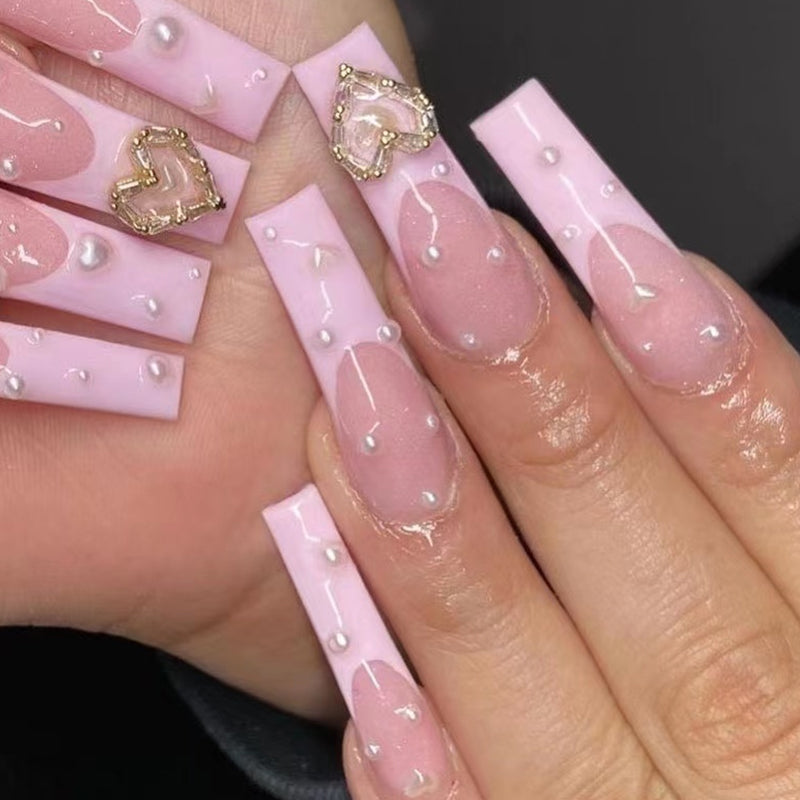 Love Pearls Long Square Pink Hearts Press On Nails