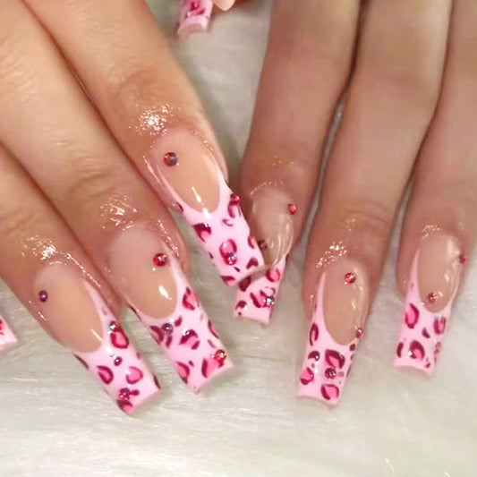 Kitty Kisses Long Square Pink Leopard Press On Nails