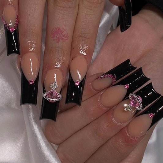 Saturn Princess Long Square Black Astrology Press On Nails