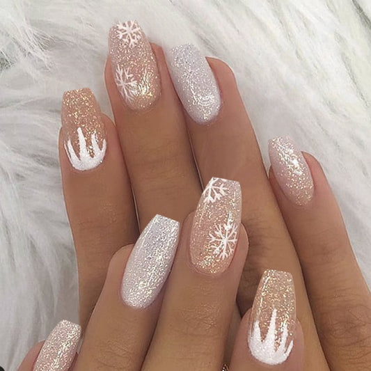 Snow Bunny Long Coffin White Holiday Press On Nails