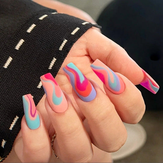 Wave Line Multicolor Medium Coffin Long Coffin Blue Press On Nails