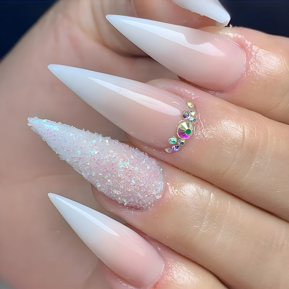 Frosty Elegance Long Stiletto French Ombre Press-On Nails with Glitter Accents and Crystal Embellishments