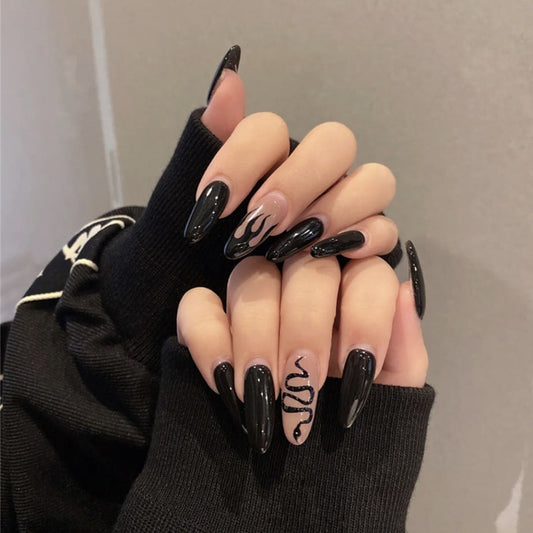 Dark Fire & Snake Long Oval Black Animal Press On Nails