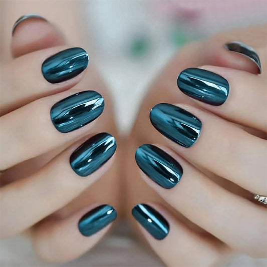 Mystic Ocean Short Oval Teal Press On Nail Set with Glossy Finish