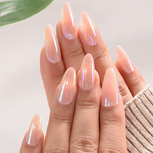 Iridescent Icon Long Almond Beige Glam Press On Nails