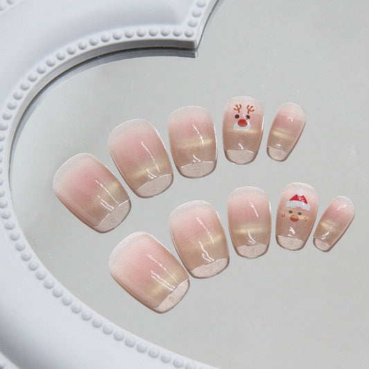 Festive Cheer Short Oval Beige Press-On Nails with Reindeer and Santa Accents