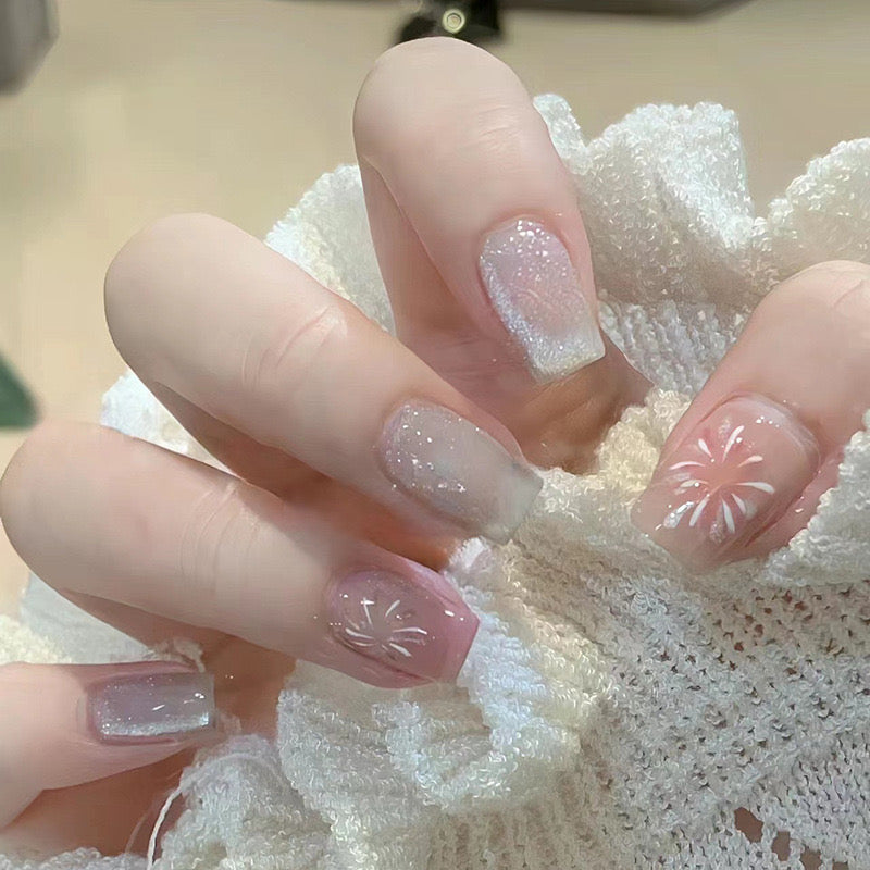 Sophisticated Sheer Elegance Medium Square Press-On Nails with Glitter Gradient and Delicate Snowburst Accents