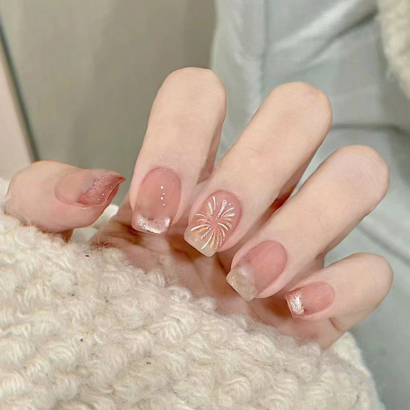 Winter Elegance Medium Square Translucent Press-On Nails with Glitter Accent and Floral Design