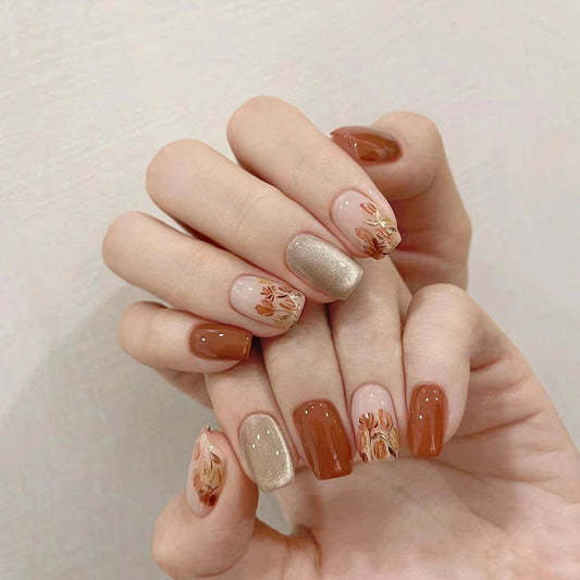 Autumn Elegance Medium Square Burnt Orange Press On Nail Set with Gold Glitter and Floral Accents