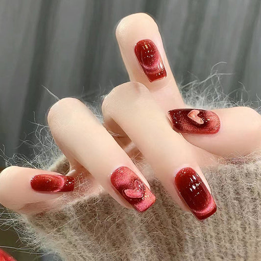 Velvet Romance Long Square Deep Red Press On Nail Set with Glitter Swirls and Heart Accent