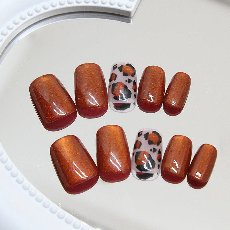 Autumn Spice Medium Squoval Burnt Orange Leopard Print Press On Nail Set