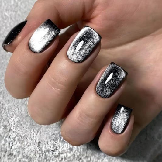 Moonlit Metal Short Square Black and Silver Ombre Press On Nails with Shimmer Finish