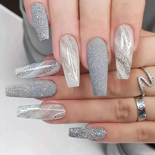 Sequined Gown Long Coffin Silver Glam Press On Nails