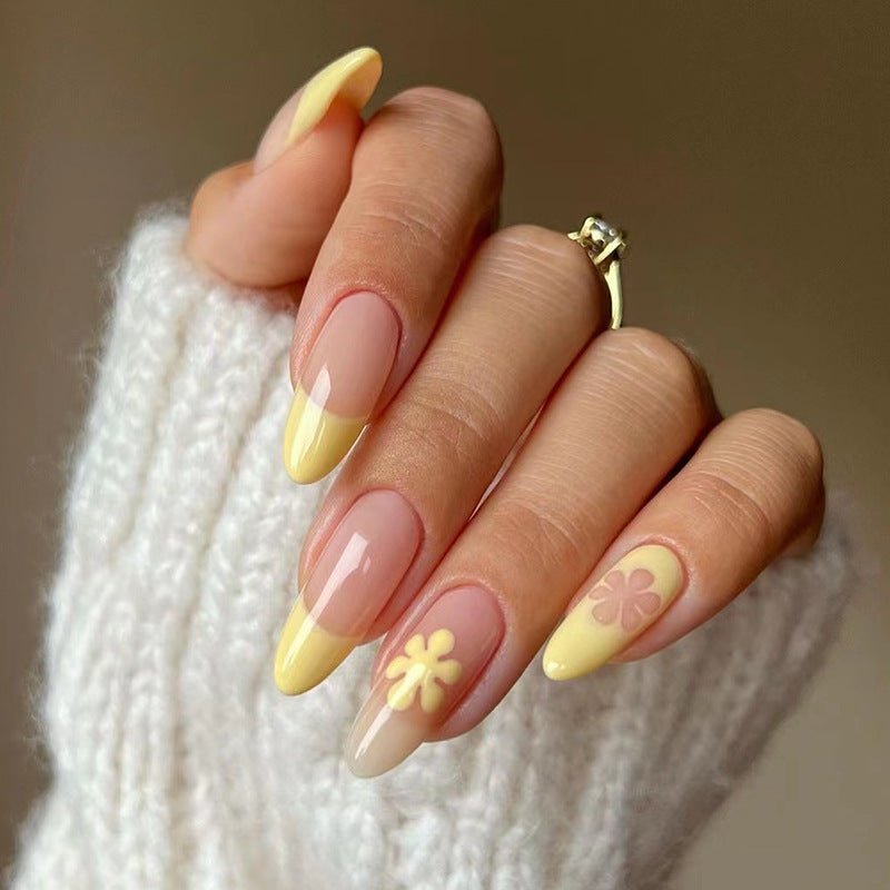 Petal Pusher Long Almond Yellow Floral French Tips Press On Nails
