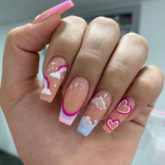 Flying Rainbow Long Coffin Pink Cute Press On Nails