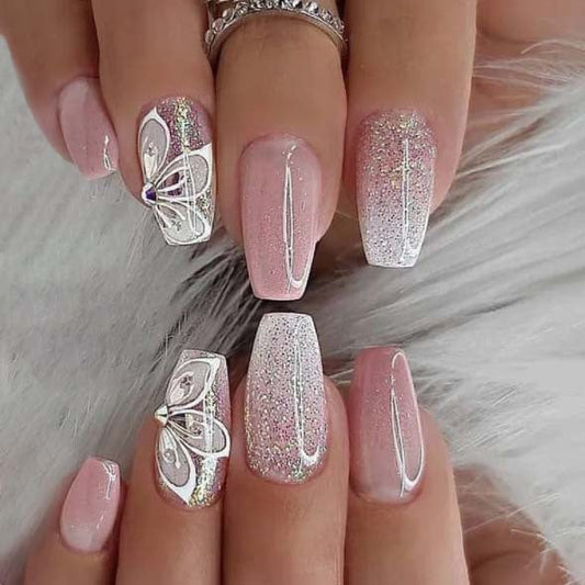 Fortune Diamond Glitter Shining Trapeze Ombre Medium Coffin Silver Glitter Press On Nails