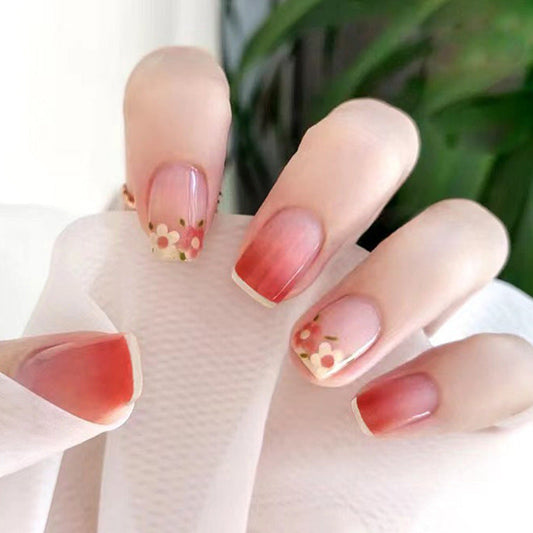 Summer Pink Flowers Short Squoval Red Floral Press On Nails