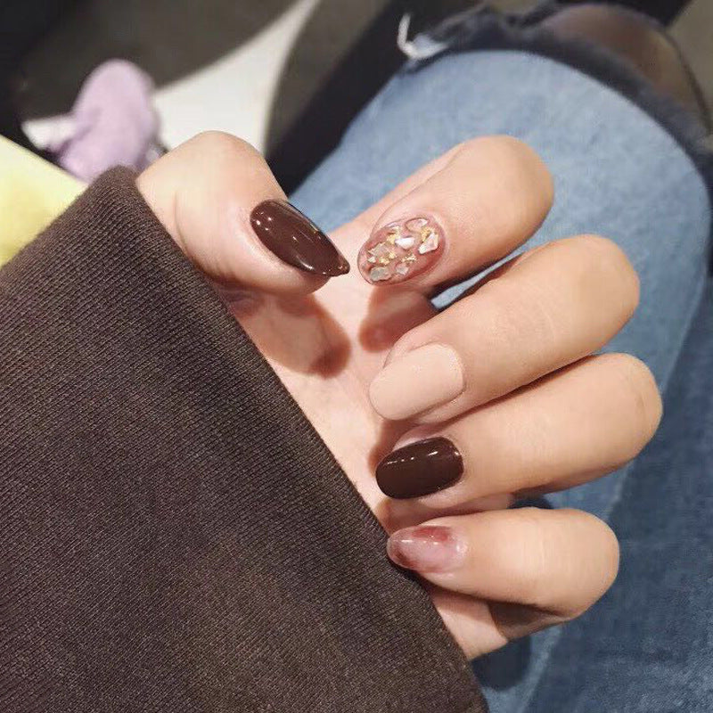 Coffee Break Medium Oval Chocolate Brown Press On Nails with Glittery Gold Accent