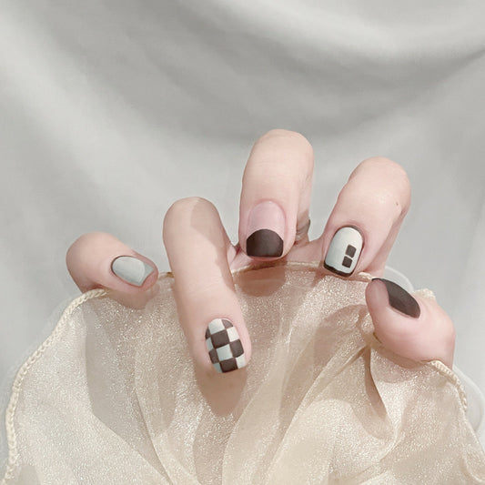 Modernist Medium Squoval Grey and Charcoal Press-On Nails with Geometric Patterns