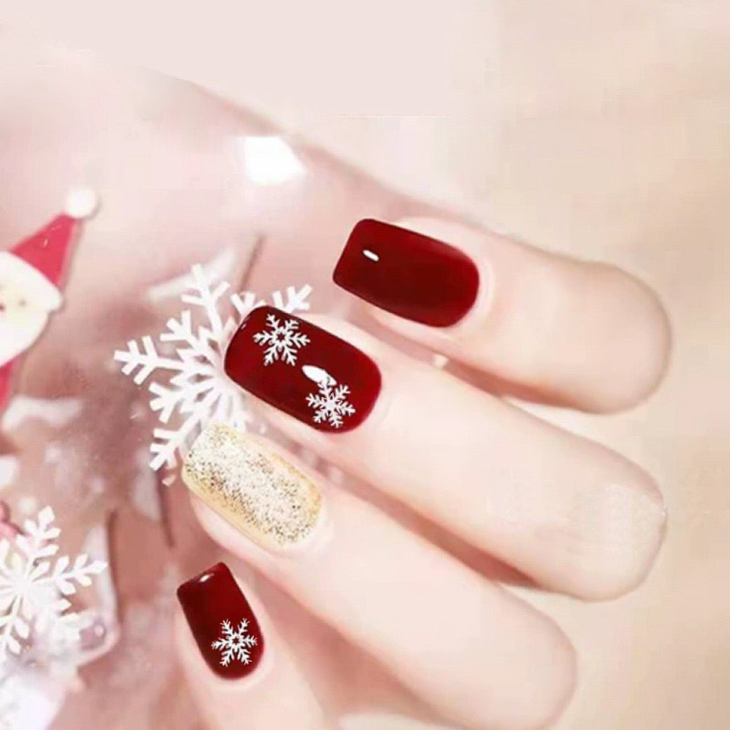 Holiday Cheer Medium Square Deep Red Press-On Nails with Golden Glitter Accent and Snowflake Art