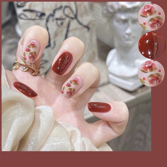 Vintage Vignette Long Squoval Maroon Press-On Nails with Pink Floral Artwork