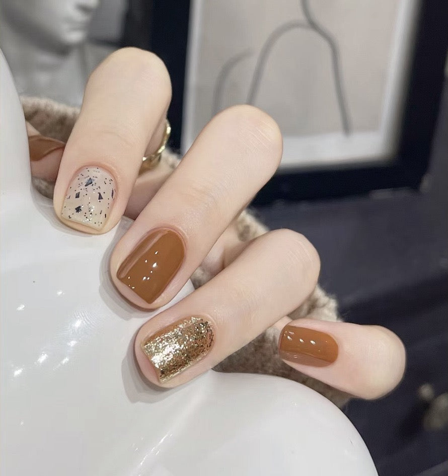 Warm Dip In The Sand Medium Square Brown Glitter Press On Nails