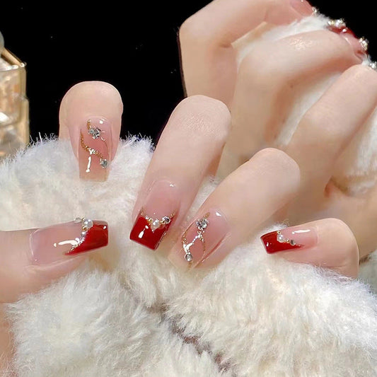 Diamond Dolly Medium Square Red French Tips Press On Nails