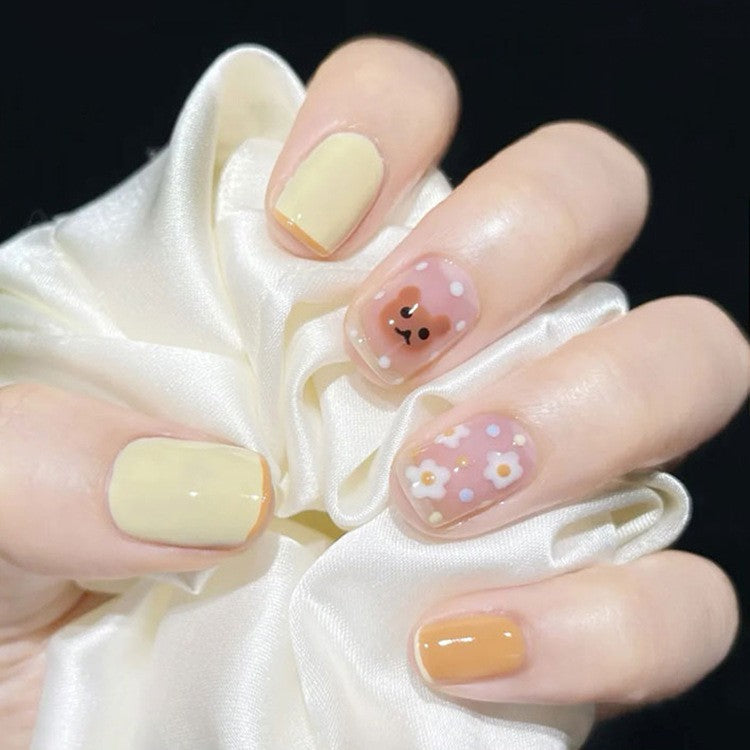 Springtime Short Square Press-On Nail Set, Pastel Yellow and Pink with Cute Bear and Floral Accents