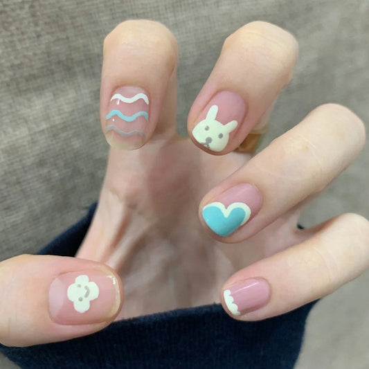 Springtime Short Squoval Press-On Nail Set, Pastel Pink and Blue, Bunny and Floral Accents