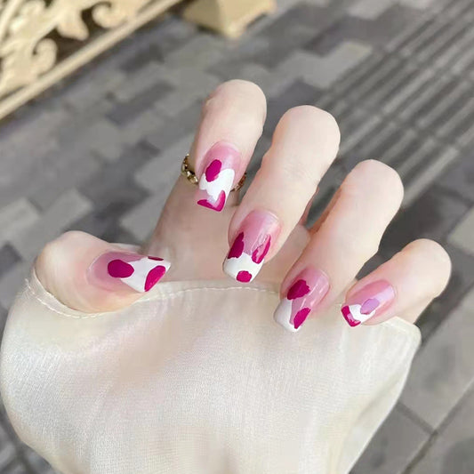 Romantic Medium Square Press-On Nails in Pink and White with Heart Accents