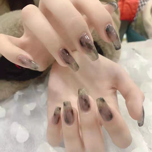 Elegant Evening Long Coffin Transparent Press-on Nail Set with Brown Marble Effect and Glitter Accents