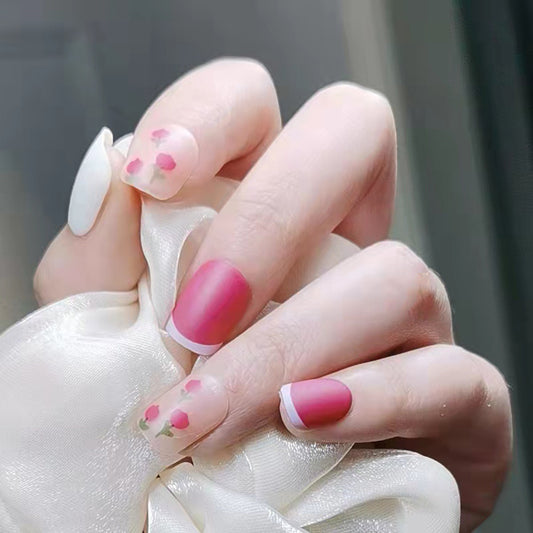 Romantic Garden Short Squoval Pink and White Press-on Nail Set with French Tips and Flower Accents