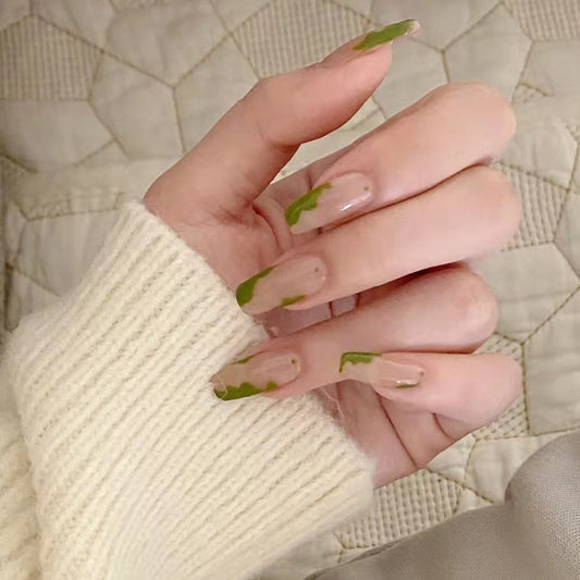 Nature's Touch Long Coffin Beige Press-on Nail Set with Green Leafy Vine Accents