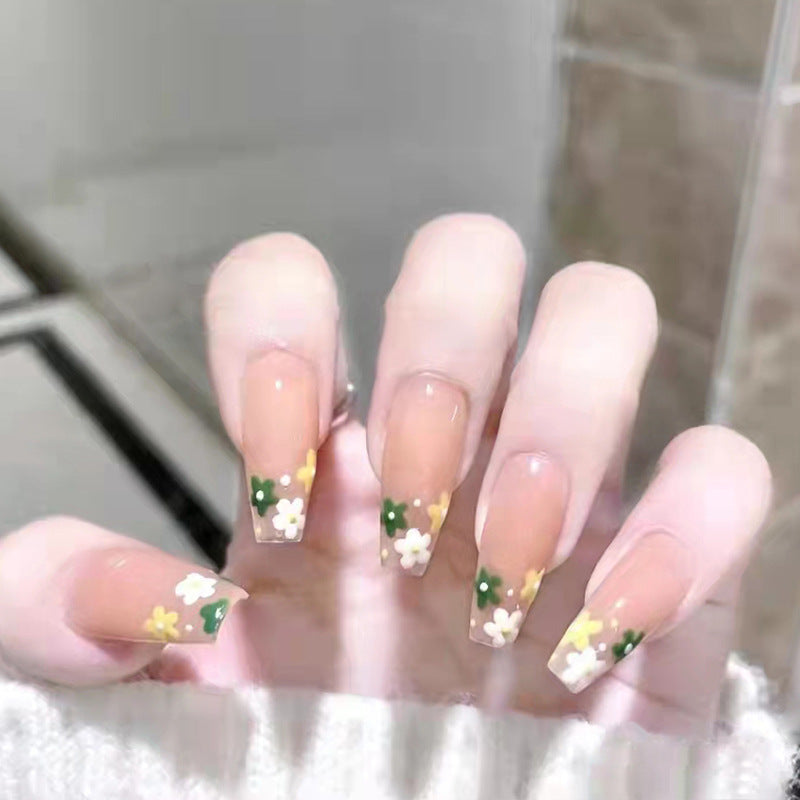 Floral Fantasy Long Coffin Clear Press-on Nail Set with Yellow and Green Flower Tips