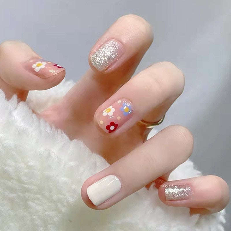 Spring Blossom Short Square Beige and White Press-on Nail Set with Floral Accents and Glitter Detail