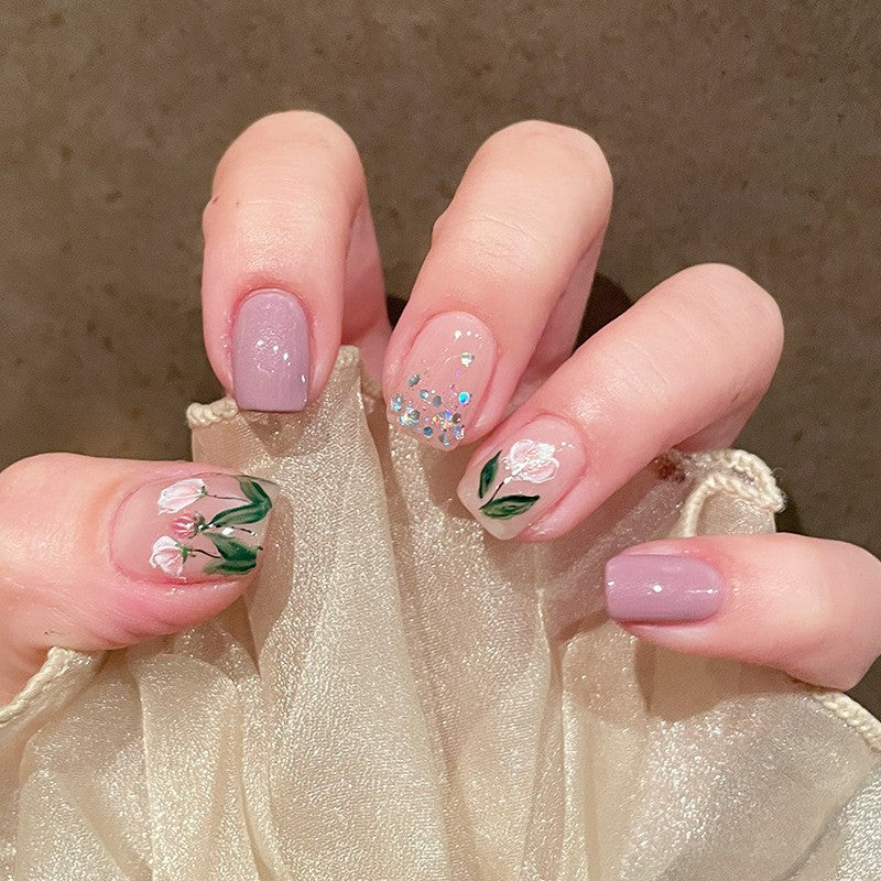 Floral Fancy Medium-Length Square Lavender Press-on Nail Set with Hand-Painted Blossoms and Glitter Accents