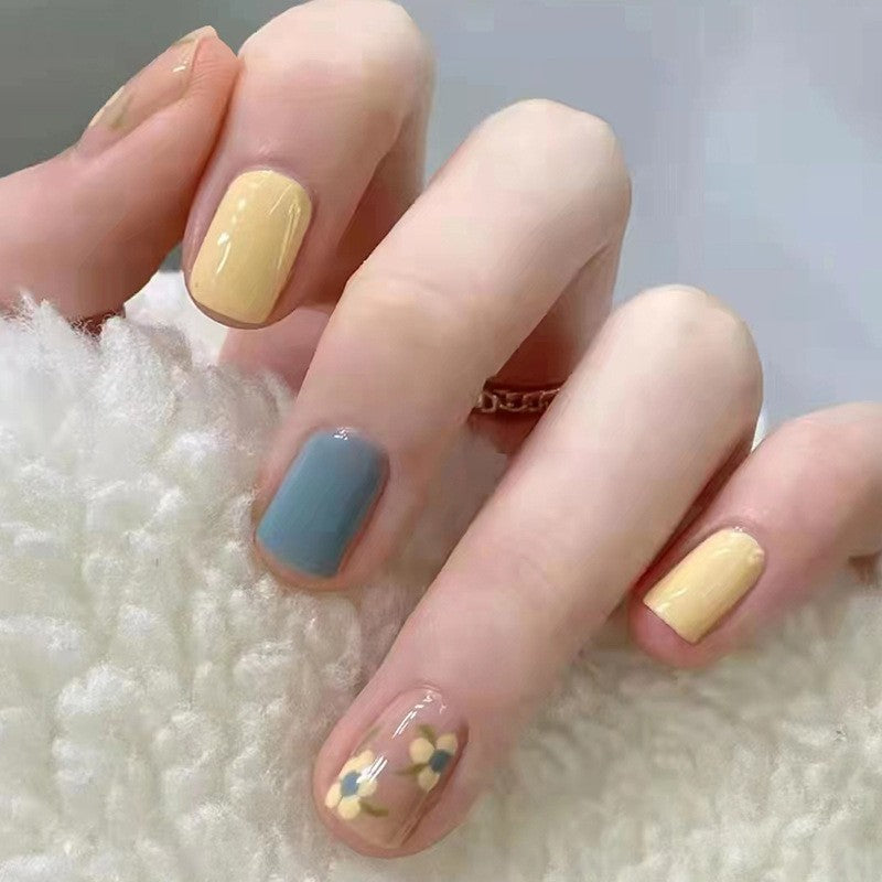 Countryside Charm Medium-Length Square Mustard and Sky Blue Press-on Nail Set with Floral Accents