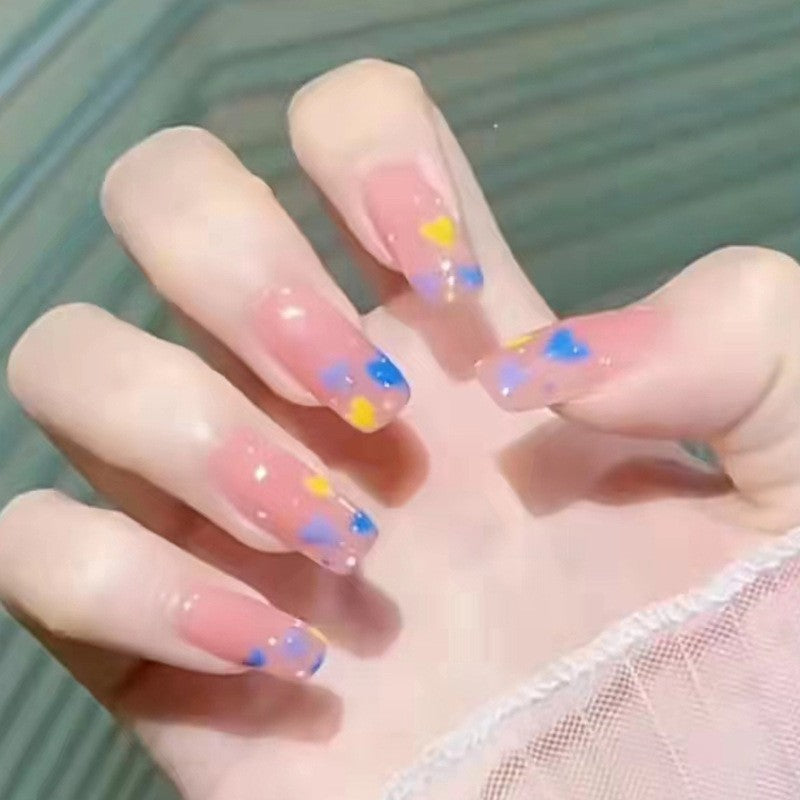 Enchanted Medium Coffin Baby Pink Press-on Nails with Delicate Yellow and Blue Floral Pattern