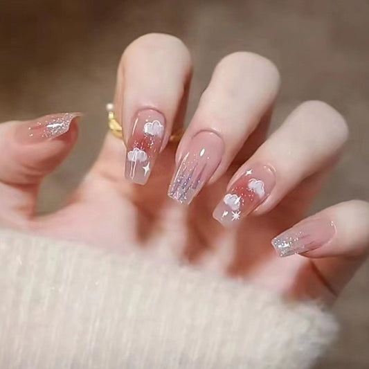 Winter Elegance Extra Long Coffin Translucent Press-on Nails with Silver Glitter and Snowflake Accents