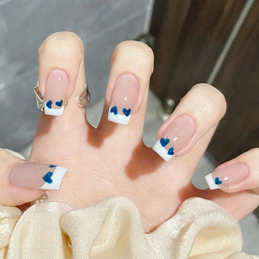 Romantic Medium Length Square Cut Press-On Nails with White Tips and Blue Heart Accents