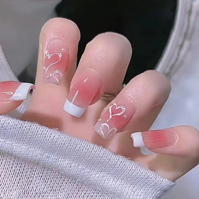 Whisper of Romance Medium Square Press-On Nails with Sheer Pink Base and White French Tips Adorned with Delicate Heart Artwork