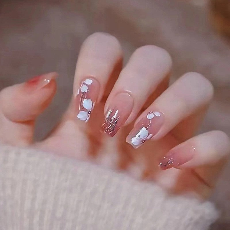 Winter Wonderland Medium Coffin Clear with White Floral and Glitter Accents Press On Nail Set