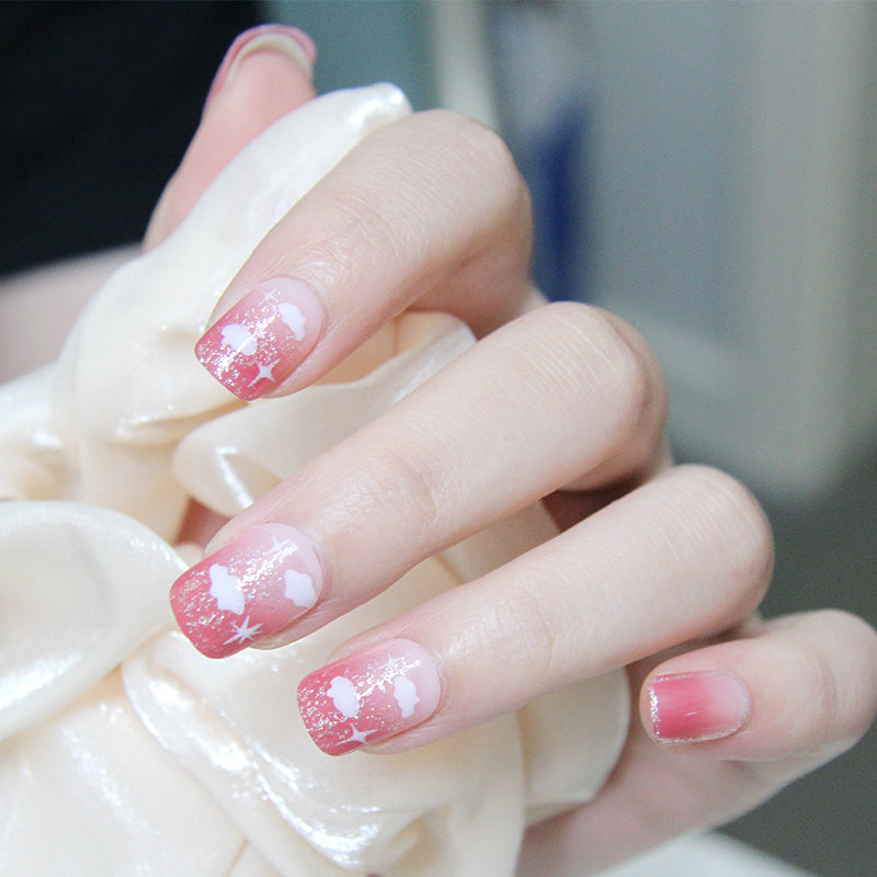 Winter Wonderland Short Square Gradient Pink with Snowflake Design Press On Nail Set