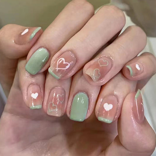 Whimsical Love Medium Square Sage Green and Soft Pink with White Heart Accents Press On Nail Set