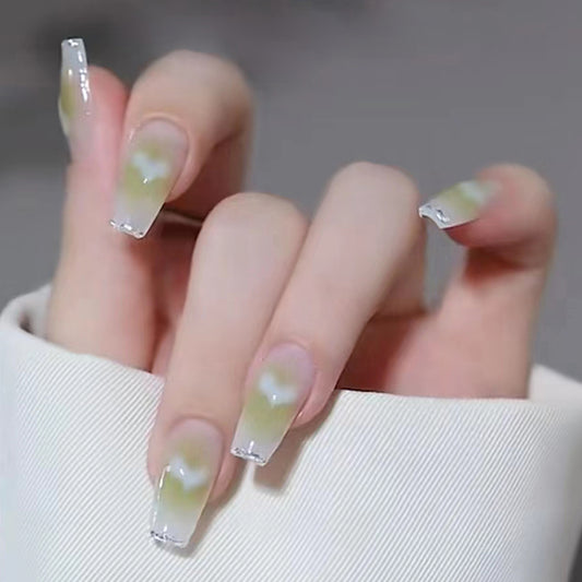 Misty Garden Long Coffin Clear to Green Ombre with White Flower Accents Press On Nail Set