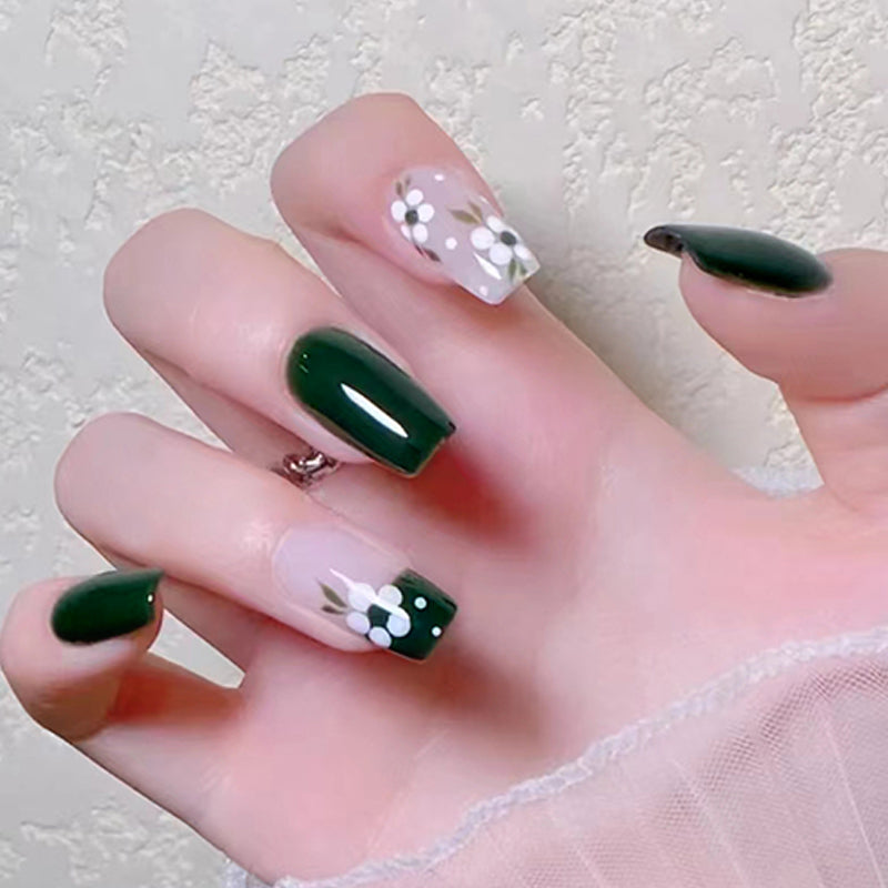 Enchanted Forest Long Square Deep Green with Floral Accent Press On Nail Set