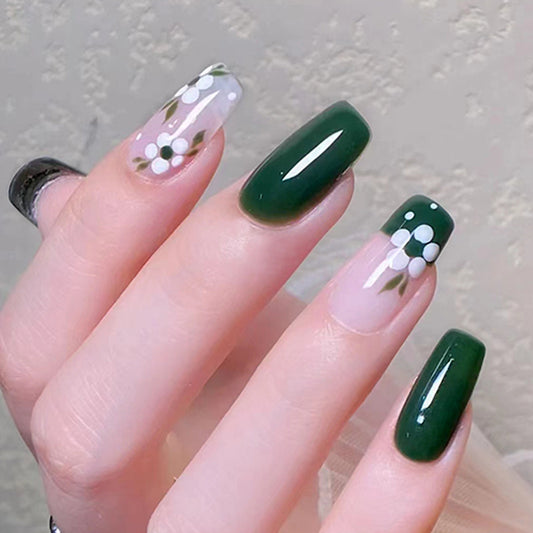 Last Video Medium Square Green Floral Press On Nails