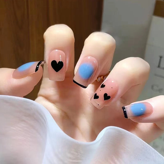 Romantic Escapade Medium Square Blue Ombre with Black Hearts and Clear Base Press On Nail Set