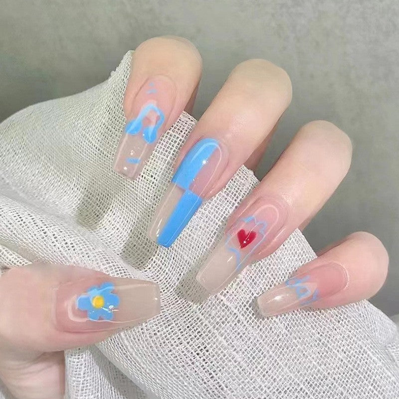 Spring Breeze Long Coffin Translucent Press On Nails with Blue Skies and Floral Design