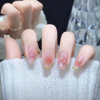 Enchanted Garden Medium Coffin Sheer Pink Press On Nails with Delicate Gold Foil and Floral Accents